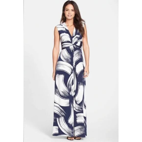 Eliza J Dress Women 2 Cream Blue Jersey Maxi V-Neck Tie Waist Stretch Sleeveless - Picture 1 of 11